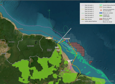 Mapa mostra caminho dos equipamentos que foram lançados para monitorar as correntes marítimas da bacia da foz do Amazonas. Fonte: estudo IEPA/Greenpeace Brasil