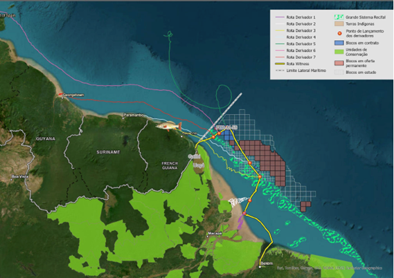 Mapa mostra caminho dos equipamentos que foram lançados para monitorar as correntes marítimas da bacia da foz do Amazonas. Fonte: estudo IEPA/Greenpeace Brasil